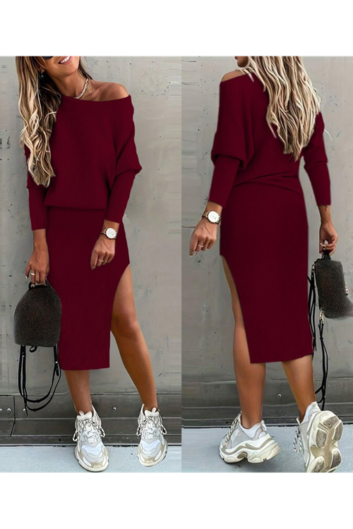 Kadın Uzun Kollu Düşük Omuz Yırtmaç Detay Kaşkorse Etek Bluz Ikili Takım