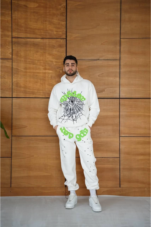 Erkek Kapüşonlu Eşofman Takım Örümcek Ağı Ve Neon Yeşil Baskılı Kanguru Cepli Oversize Rahat Kalıp, Premium Üç İplik Kumaş - Beyaz