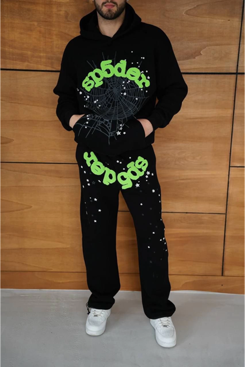 Erkek Kapüşonlu Eşofman Takım Örümcek Ağı Ve Neon Yeşil Baskılı Kanguru Cepli Oversize Rahat Kalıp, Premium Üç İplik Kumaş - Siyah