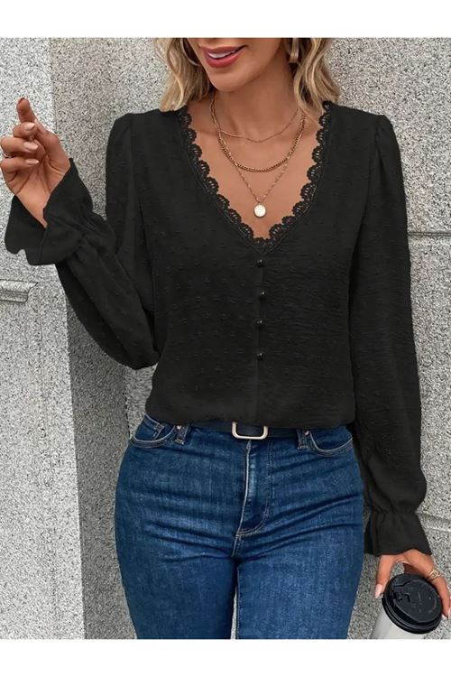 Kadın Uzun Kollu V Yakalı önden Düğmeli Bluz