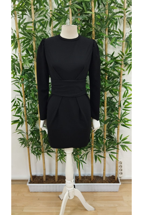 Kadın Uzun Kollu Bisiklet Yaka Bel Kemer Detay Ithal Krep Elbise