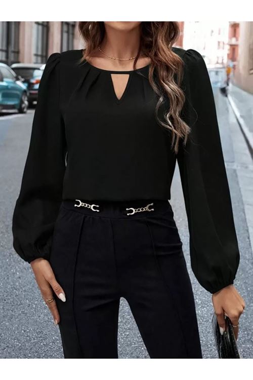 Kadın Uzun Kollu Damla Detaylı Ithal Krep Bluz