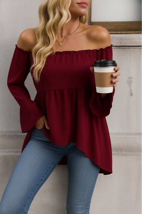 Kadın Uzun Kollu Madonna Yaka Asimetrik Detaylı Kolları Ispanyol Viskon Bluz