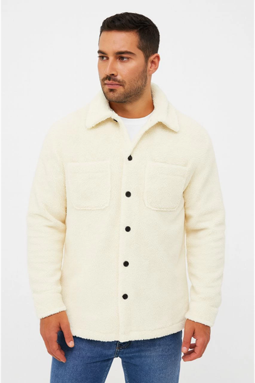 Erkek Pelüş Polar Hırka Gömlek – Yakalı, İlik Düğmeli, Göğüs Cepli, Yumuşak Dokulu Kışlık Regular Fit Rahat Günlük Model - Beyaz