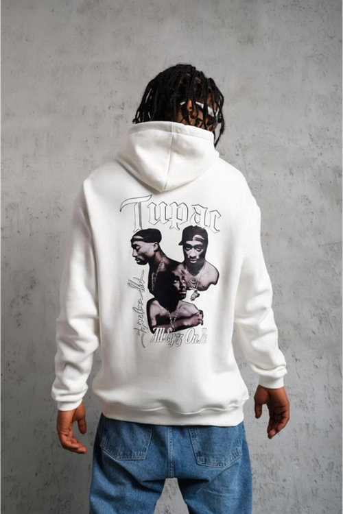 Erkek Oversize Üç İplik Kapüşonlu Sweat – Kol Ve Etek Ribana Detaylı, Ön Ve Sırt Baskılı, Kanguru Cepli Rahat Kalıp Model - Beyaz