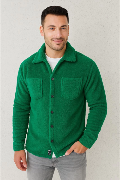 Erkek Pelüş Polar Hırka Gömlek – Yakalı, İlik Düğmeli, Göğüs Cepli, Yumuşak Dokulu Kışlık Regular Fit Rahat Günlük Model - Çimen Yeşili