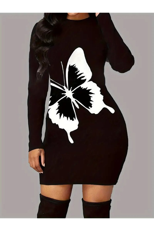 Kadın Uzun Kollu Bisiklet Yaka Kelebek Desenli Kısa Viskon Iki Iplik Elbise