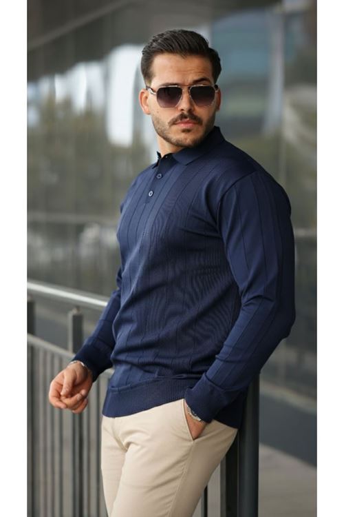 Erkek Düğmeli Yaka çizgi Dokulu Uzun Kollu Triko