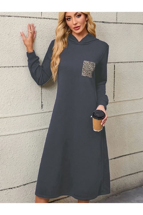 Kadın Uzun Kollu Kapşonlu Cep Detaylı Viskon Iki Iplik Maxi Elbise