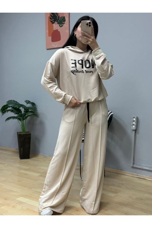 Kadın Uzun Kollu Nope Baskılı Beli Ribanalı Ikili Takım