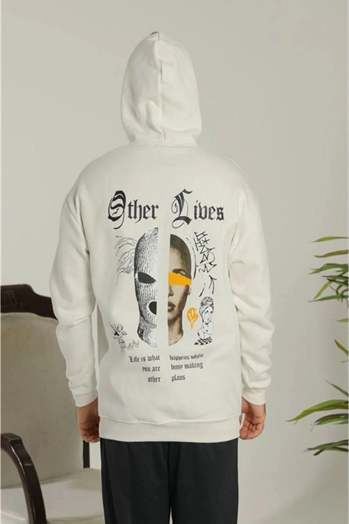 Oversize Üç İplik Şardonlu Kapüşonlu Sweatshirt – Beyaz “Other Lives” Ön Ve Arka Baskılı, Kanguru Cepli, Ribanalı Rahat Kışlık Model Beyaz