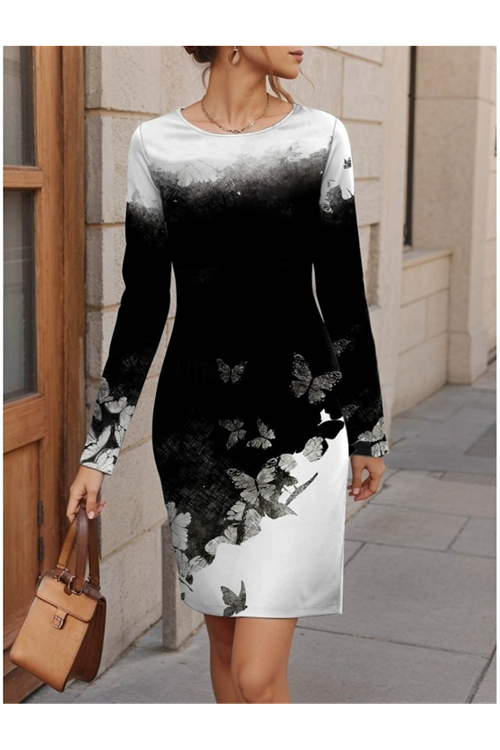 Kadın Uzun Kollu Bisiklet Yaka çiçek Desenli Kısa şardonlu Dalgıç Elbise