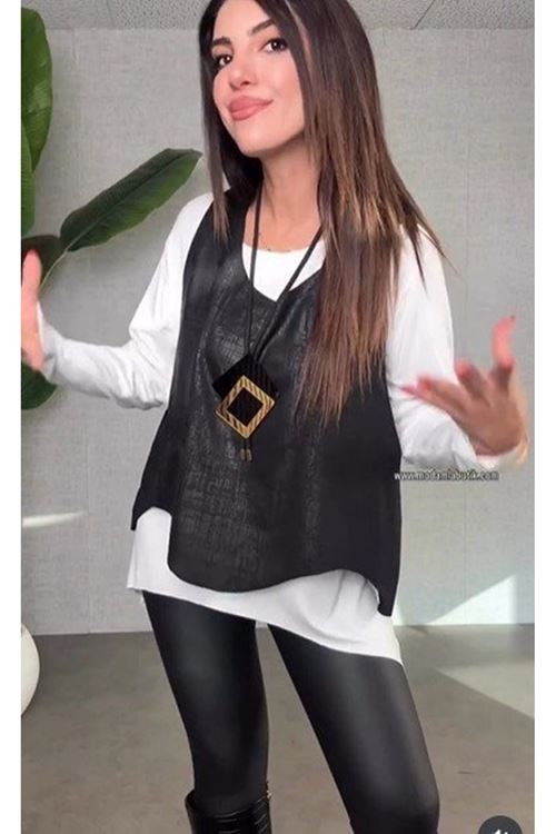 Kadın Siyah Deri Yelekli Kolye Dahil üçlü Takım