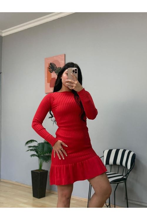 Kadın Bisiklet Yaka Uzun Kol Etek Ucu Fırfırlı Triko (polyenit) Mini Boy Elbise