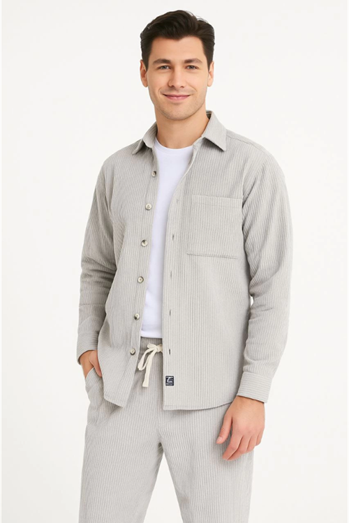 Erkek Kadife Oversize Takım – Gömlek Ve Pantolon İkili Set Füme Corduroy Şıklığı, Rahat Ve Zarif Duruş Yumuşak Dokulu Kadife Kumaş, Düğmeli Gömlek Üst Ve Lastikli Pantolon Alt Parça Ile Gün Boyu Konfor- Gri