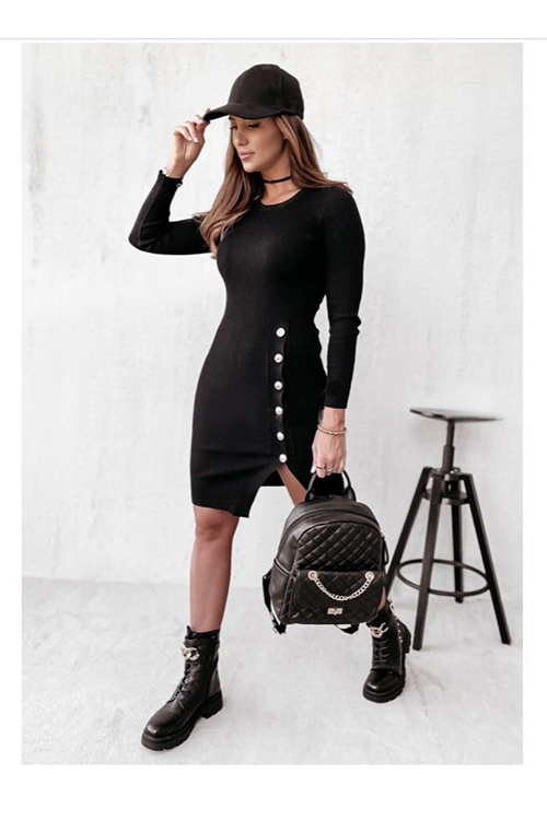 Kadın Siyah Uzun Kollu Bisiklet Yaka Yan Yırtmaç Düğme Detay Kısa Kaşkorse Elbise