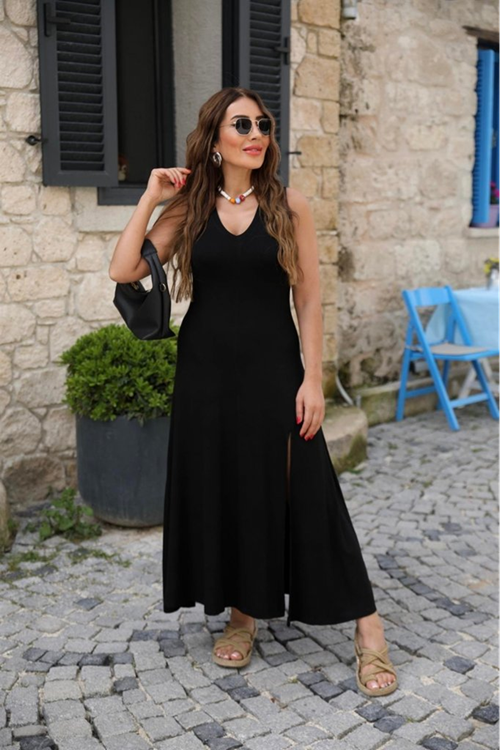 Kadın Askılı V Yakalı Yırtmaçlı Viskon Elbise