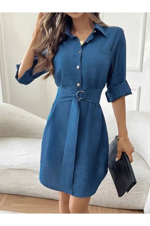 Kadın Uzun Kollu Yakalı önden Düğmeli Beli Kuşaklı Mini Ithal Keten Elbise