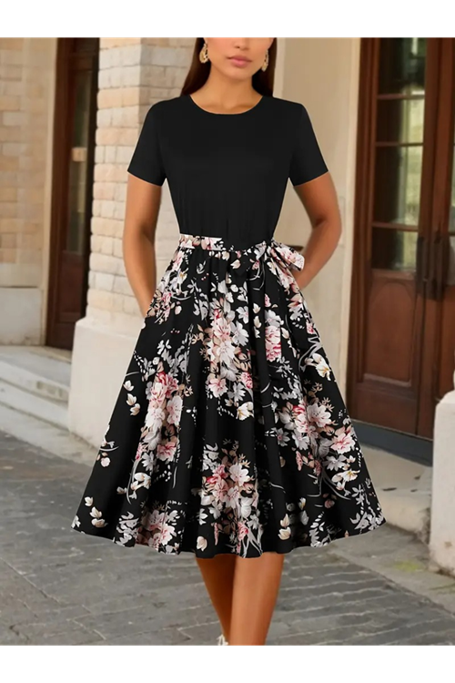 Kadın Kısa Kollu Bisiklet Yaka çiçek Desenli üst Viskon Alt Süprem Kısa Elbise