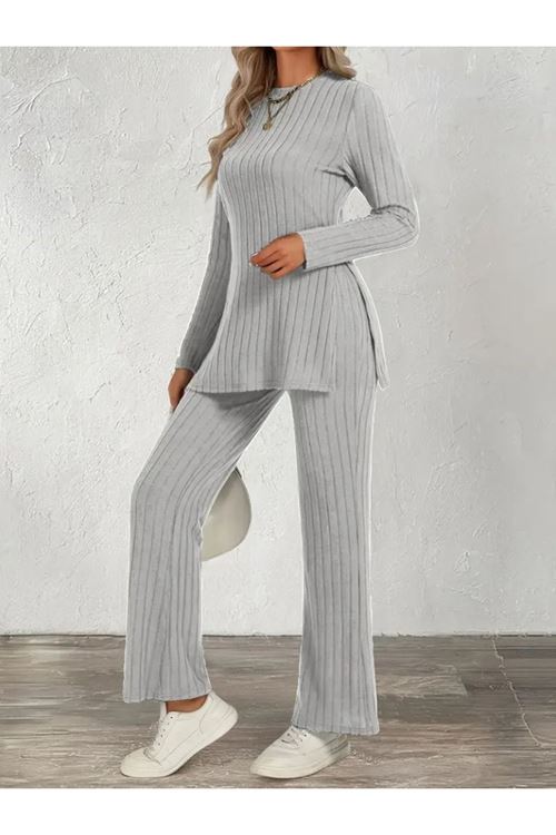 Kadın Uzun Kollu Bisiklet Yaka Yandan Yırtmaçlı şardonlu Kaşkorse Bluz Ve Pantolon Ikili Takım