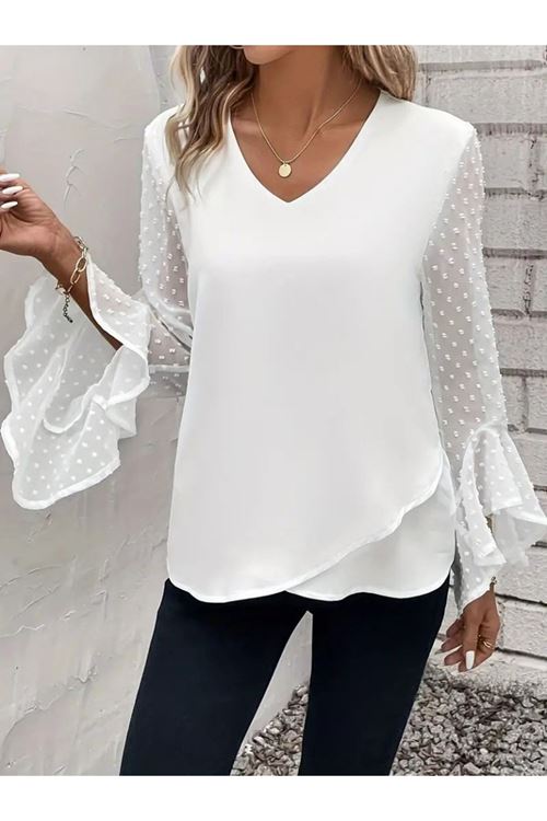 Kadın Uzun Kollu V Yakalı Kolları Ispanyol Detayı Sandy Bluz