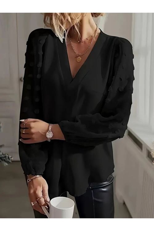 Kadın Uzun Kollu V Yakalı Kolları Popon Detaylı Sandy Bluz