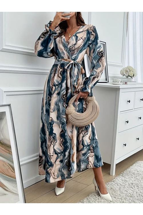 Kadın Uzun Kollu Kruvaze Yakalı Beli Kuşaklı Desenli Süprem Maxi Elbise