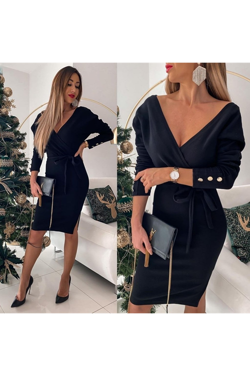 Kadın Uzun Kollu Kruvaze Yaka Bağcık Detay Akrilik Mini Boy Elbise