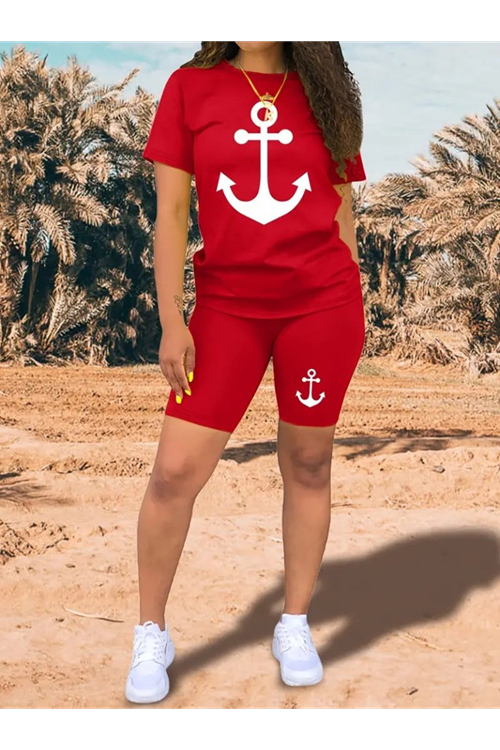 Kadın Kısa Kollu çapa Baskılı Viskon Ikili Takım