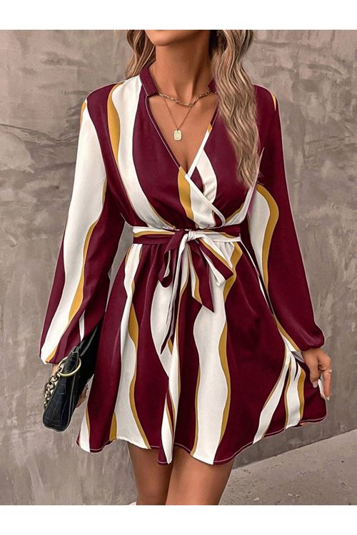 Kadın Uzun Kollu Kruvaze Yakalı Desenli Modal Mini Elbise