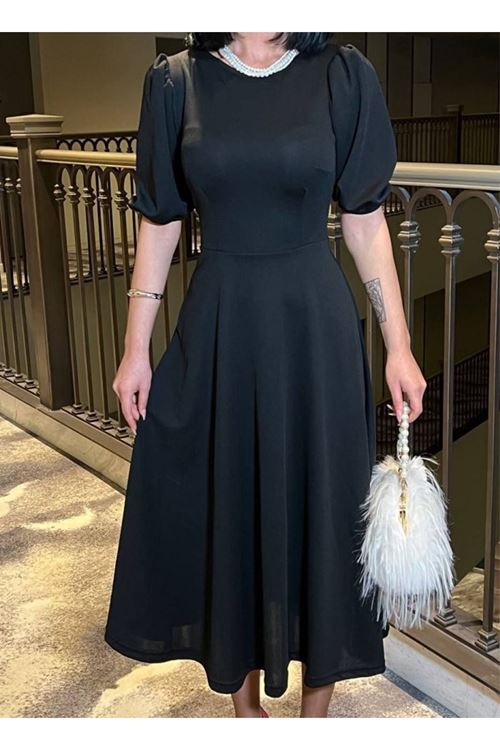 Kadın Bisiklet Yaka Kısa Kol Lastik Detay Uzun Elbise