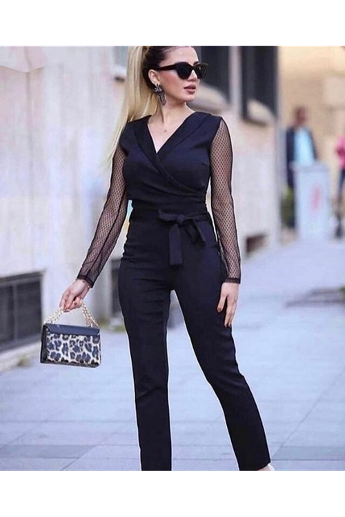 Kadın Uzun Kollu Kruvaze Yakalı Kolları Tül Detay Beli Kuşaklı Ithal Krep Tulum