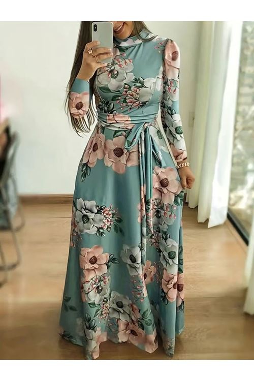 Kadın Uzun Kollu Yuvarlak Yakalı Beli Kuşaklı Desenli Süprem Uzun Elbise