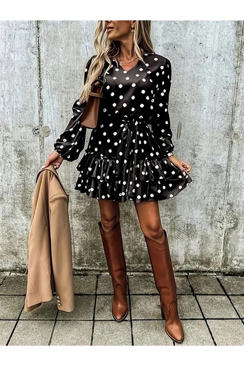 Kadın Uzun Kollu V Yakalı Belden Kuşaklı Puantiyeli Mini Modal Elbise