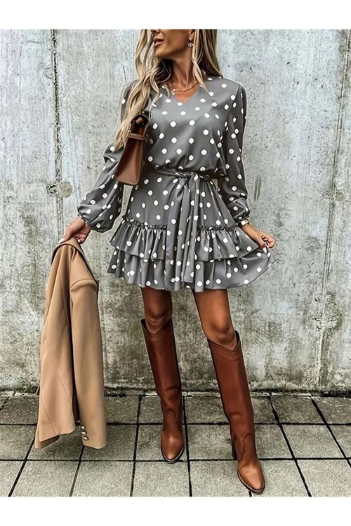 Kadın Uzun Kollu V Yakalı Belden Kuşaklı Puantiyeli Mini Modal Elbise