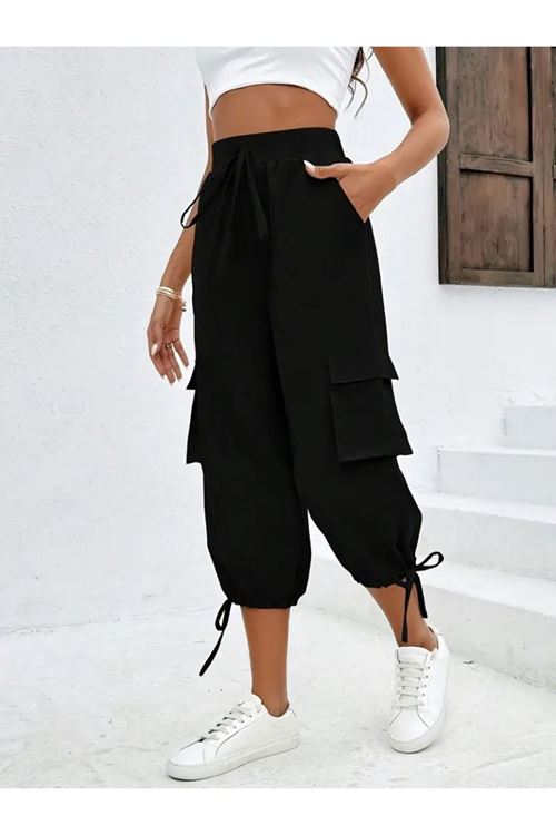 Kadın Yüksek Bel Beli Lastikli Bağcıklı Cepli Kargo Viskon Iki Iplik Pantolon