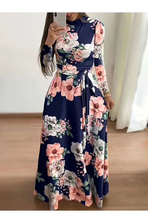 Kadın Uzun Kollu Yuvarlak Yakalı Beli Kuşaklı Desenli Süprem Uzun Elbise