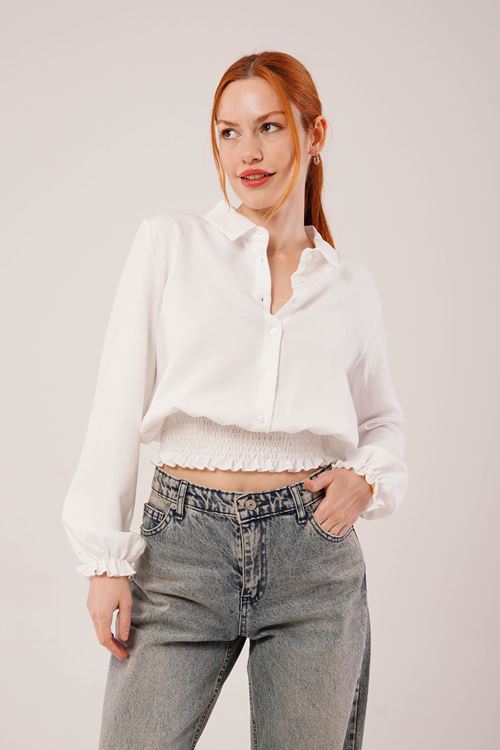 Bel Ve Bilek Lastikli Beyaz Bluz