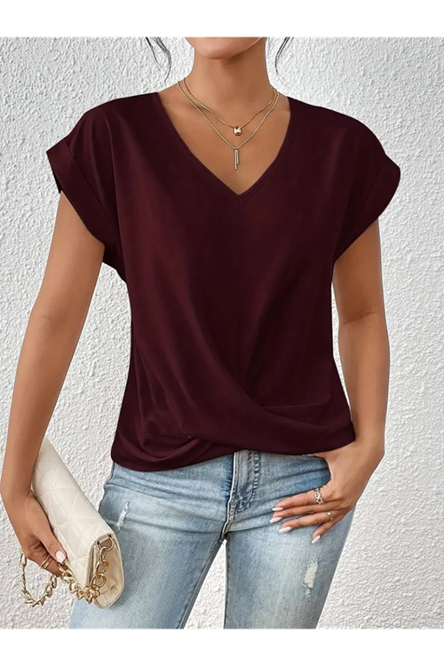 Kadın Kısa Kollu V Yakalı önden çapraz Geçmeli Detay Viskon Bluz