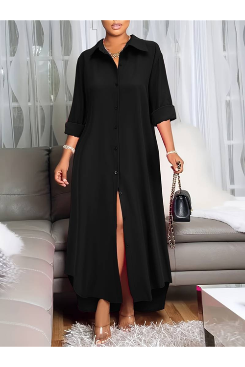 Kadın Uzun Kollu Yakalı önden Düğmeli Uzun Dokuma Elbise