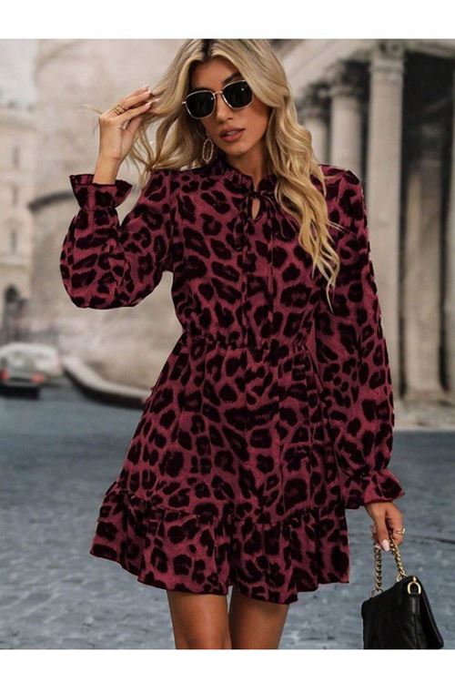 Kadın Uzun Kollu Yakadan Bağcıklı Modal Leopar Desenli Mini Elbise