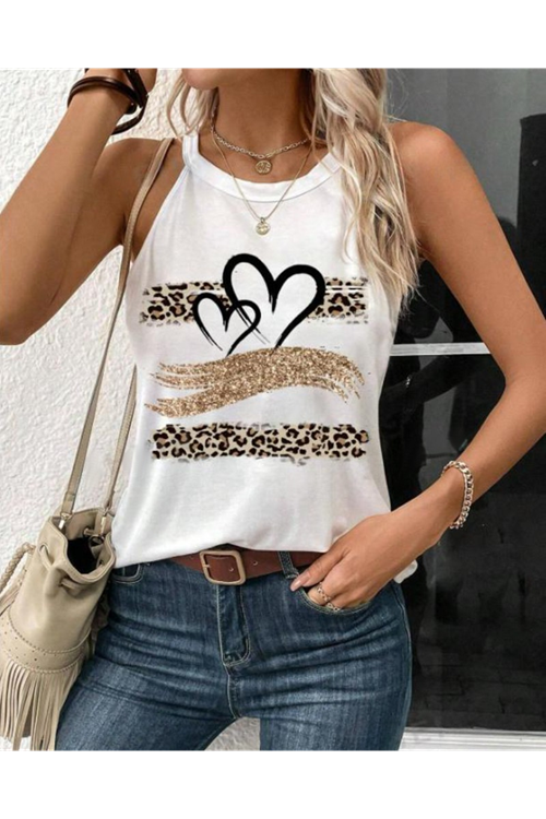 Kadın Sıfır Kol Halter Yaka Kalp Baskılı Viskon Bluz