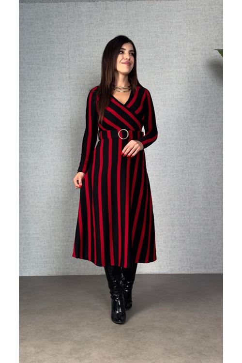 Kadın Uzun Kollu Kruvaze Yaka Kemer Dahil çizgili Triko Elbise