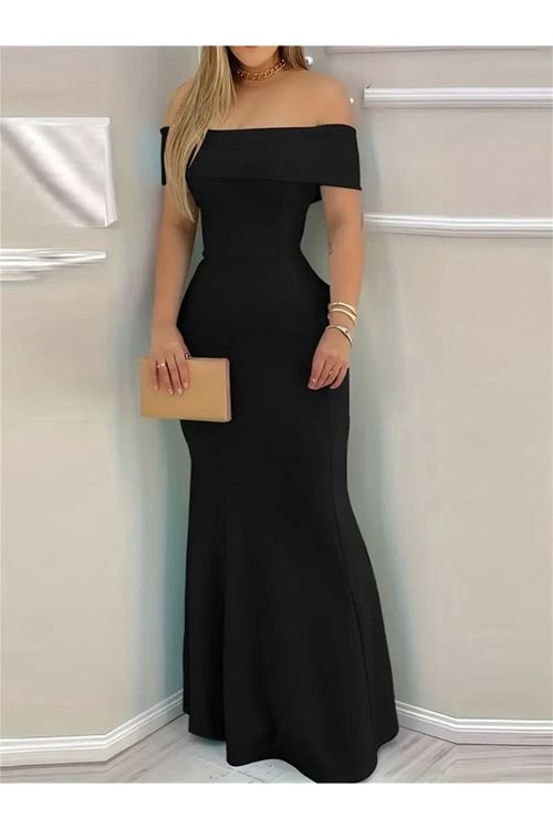 Kadın Kısa Kollu Madonna Yaka Belden Oturtmalı Uzun Ithal Krep Elbise