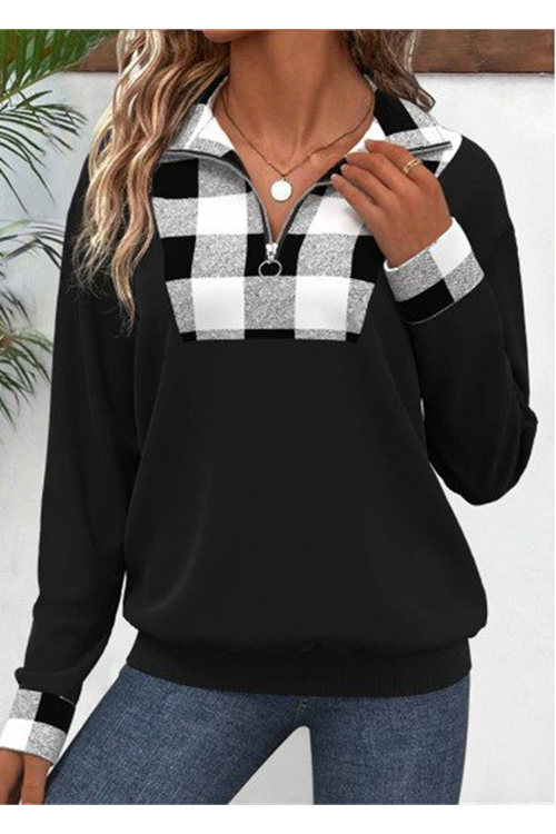 Kadın Uzun Kollu Yakalı önden Fermuarlı Ekose Detaylı Viskon Iki Iplik Bluz