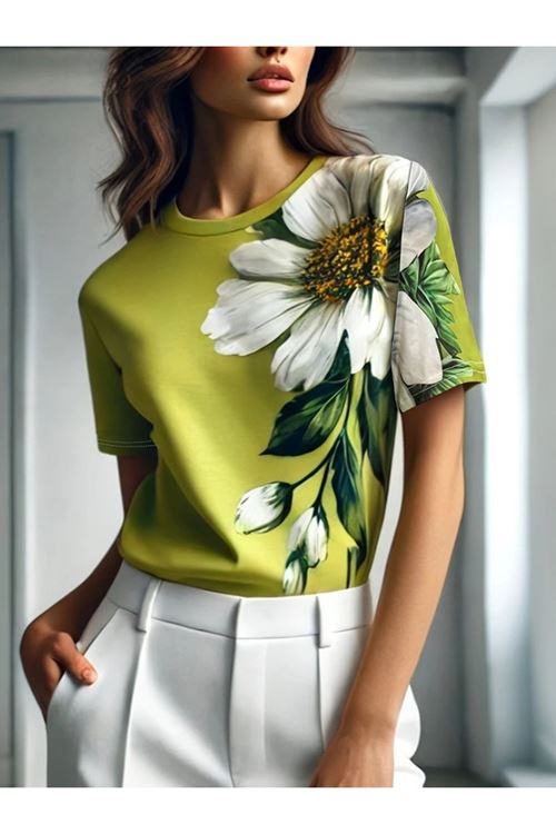 Kadın Kısa Kollu Bisiklet Yaka çiçek Baskılı Süprem Bluz