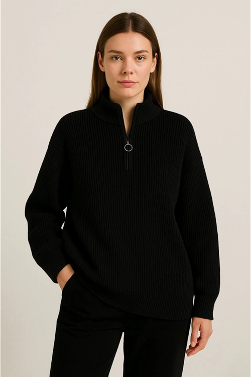 KADIN Yarım Fermuarlı Triko Kazak – Selanik Örgü, Dik Yaka, Pamuklu Dokuma, Oversize Uzun Kollu Kışlık Model - Siyah