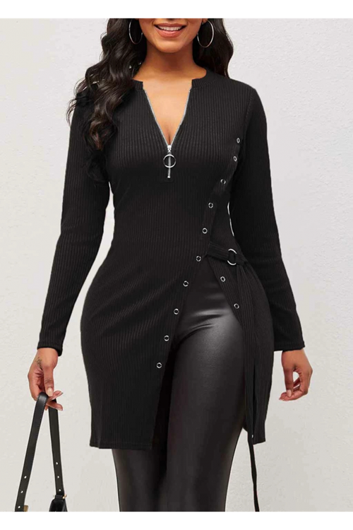 Kadın Uzun Kollu Fermuarlı Yan Yırtmaç çıtçıt Düğme Detay Fitilli Kaskorse Elbise