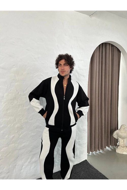 Erkek Premium Parçalı Eşofman Takım - Dik Yaka Fermuarlı Sweatshirt, - Siyah