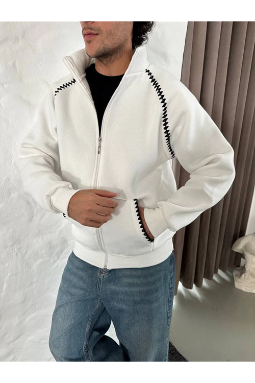 Erkek Oversize Dik Yaka Fermuarlı Sweatshirt - Zincir Nakışli Kanguru Cepli - Beyaz